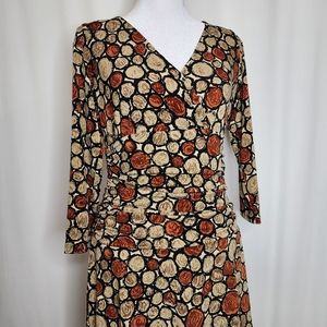 Dressbarn Size 8 Womens Multicolor Brown 3/4 Sleeve Dress Ruching Fitted Waist